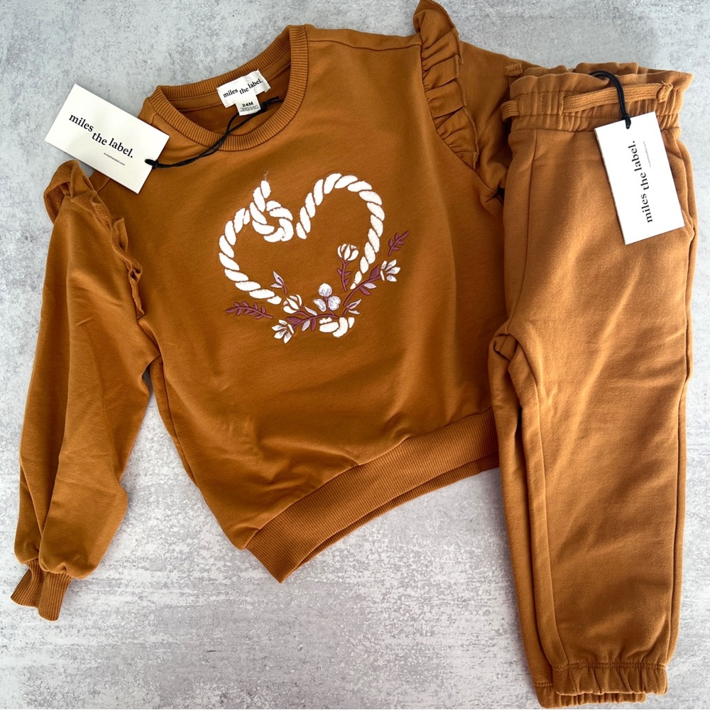 24M🤎 Miles the Label Ruffle Sweatshirt & Sweatpants Set Fleece Lined NWT